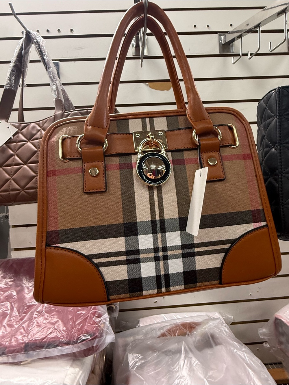 Structured Plaid Satchel Handbag in Brown